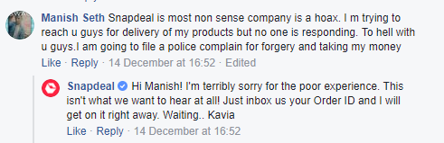 Snapdeal Facebook customer care response 2
